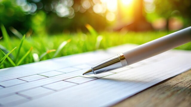A photo of white pen marking checkboxes on a white paper with blurred background