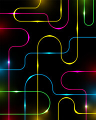neon abstract background with vibrant glowing paths in pink blue and yellow weaving through a dark digital void for technology and network