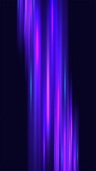 Futuristic neon purple and electric blue light streaks on black background vertical motion blur and sleek glowing lines for modern digital technology and high speed