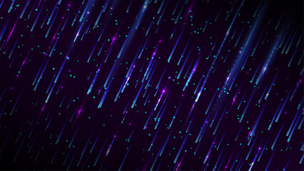 dark futuristic technology digital background displays glowing neon streaks of blue and purple rain lines scattered with bright light particles