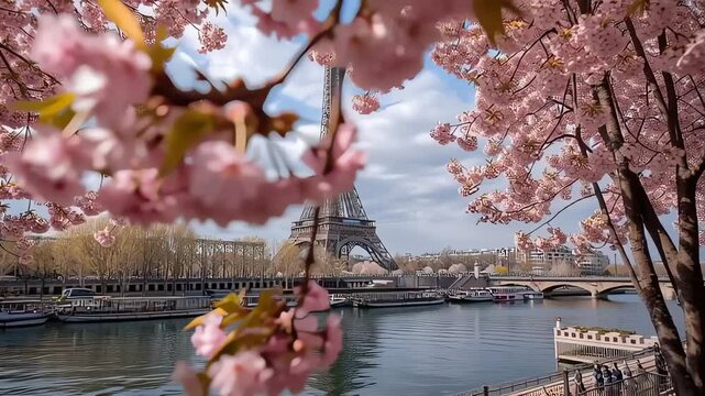 Eiffel Tower framed by pink cherry blossoms in spring Paris
