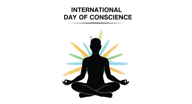 Vector illustration design celebrating the international day of conscience with a meditating silhouette figure and light rays