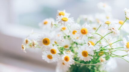 Obraz premium daisies. Fresh daisies in a simple vase with soft green stems, bathed in natural daylight. gardening catalogs, home-decor guides, designed for home decor and floral branding. 