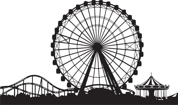 Vector silhouette of amusement park with Ferris wheel and roller coaster