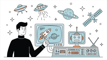 Retro-Futuristic Interaction – Person engaging with vintage-style futuristic technology, capturing an optimistic vision of the future © Utpol