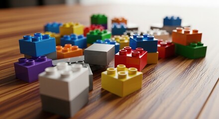 Naklejka premium Colorful lego bricks scattered on a wooden table surface for creative building and play