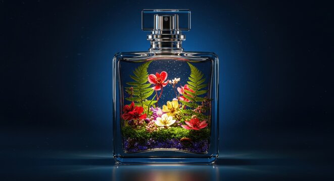 Vibrant botanical garden artistically captured inside a transparent glass bottle creating a surreal and imaginative nature concept