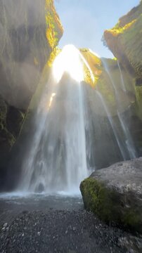 Gljufrabui waterfall hidden inside a narrow canyon near Seljalandsfoss, South Iceland