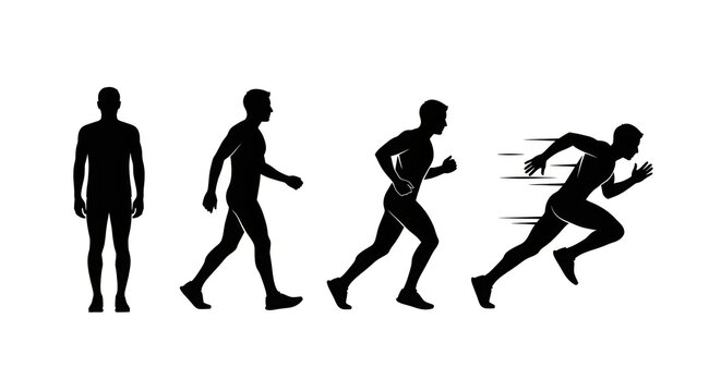 Four silhouettes of a man running in different stages on a white background