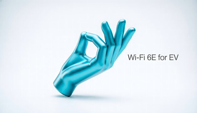 Minimalist 3D hand icon representing high-speed Wi-Fi 6E network for electric vehicles.