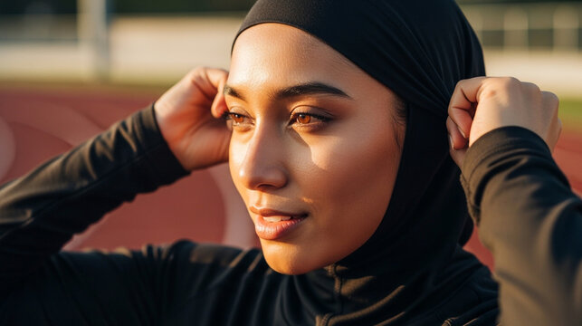 Young Muslim Woman Adjusting Her Hijab Before a Workout