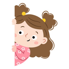 Fototapeta premium A cute little girl peeks out from behind a banner or a blank sheet of paper perfect for adding your own text. A flat vector illustration in a simple, childlike style . Vector illustration
