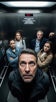 Group of five people standing tense inside elevator cabin