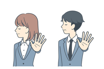 Fototapeta premium 手のひらを前に突き出して拒絶する若いビジネスパーソンのイラスト 上半身