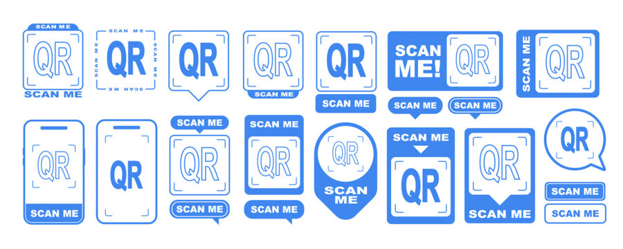scan me qr code frame vector set with modern icon shapes and button labels, mobile phone scanning design with barcode scanner elements for app interface, website, business and digital use
