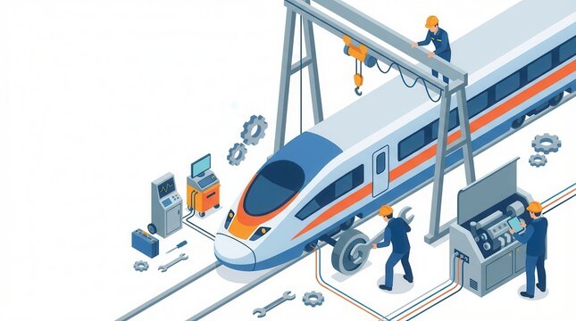 Train Servicing Concept: Maintenance crew working at railway hub
