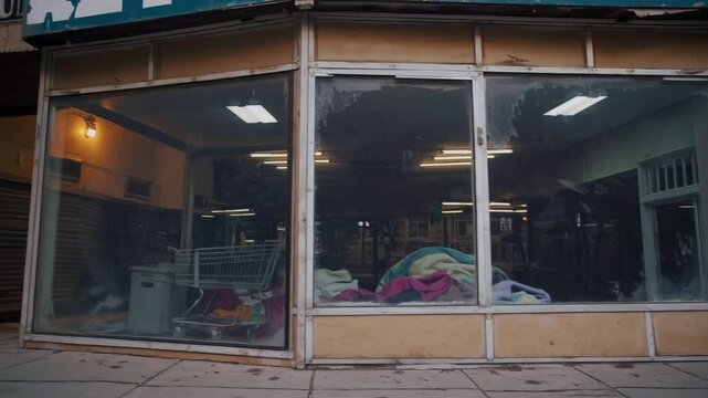 Empty laundromat storefront window showing piled fabric, fluorescent lights, cracked facade, pavement and open door, muted color palette, reflective glass revealing interior fixtures, quiet downtown