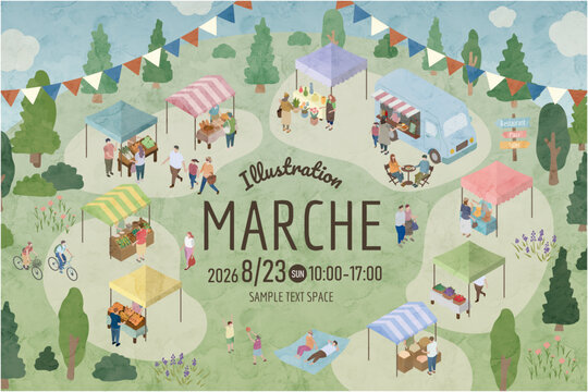 出店と人々が集まるマルシェのアイソメトリック水彩イラスト