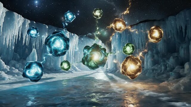 Fantasy Ice Cave With Floating Orbs In Cosmic Light.