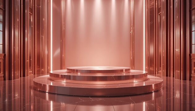 rose gold podium platform, glossy floor reflection