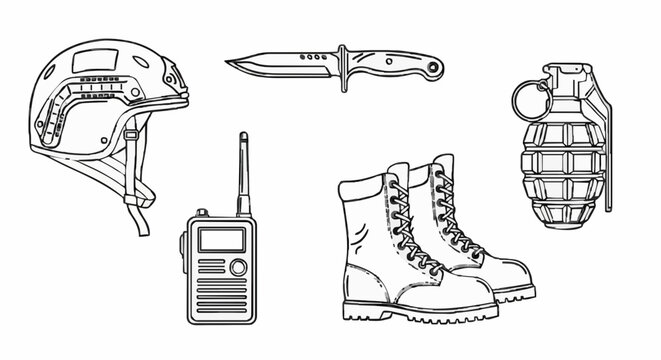 Top‑down view of six line drawings of tactical gear displayed on a white surface, showing helmet, dagger, grenade, walkie‑talkie, boots