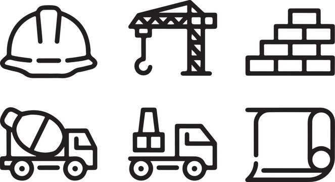 A collection of six black and white line art icons representing common construction site equipment Vector