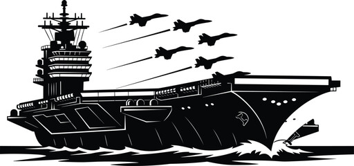 Military aircraft carrier illustration, fighter jets formation, naval power, warship silhouette, aviation strength, defense design, ocean waves, strategic operation artwork © Manharul