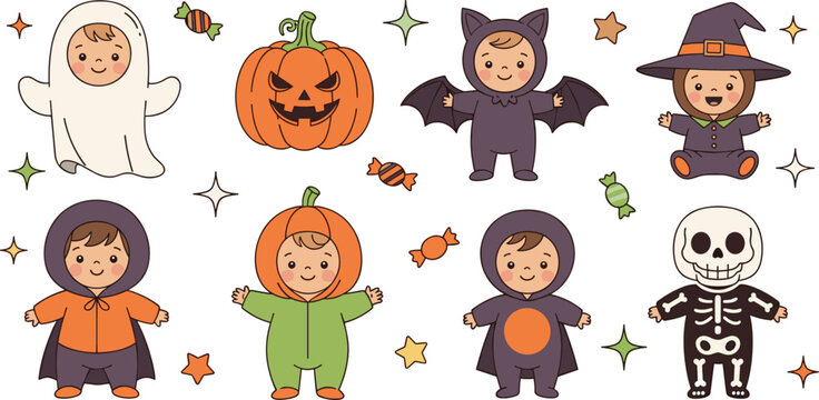 Cute kids Halloween costumes set ghost pumpkin bat witch skeleton characters cartoon vector illustration collection for children design