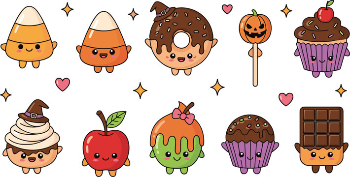 Cute Halloween sweets characters set candy apple cupcake chocolate kawaii dessert vector illustration collection for kids design