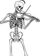 Skeleton playing violin, Halloween music icon, spooky musician silhouette, gothic art vector, death theme illustration, dark fantasy design, eerie symbol set © Manharul