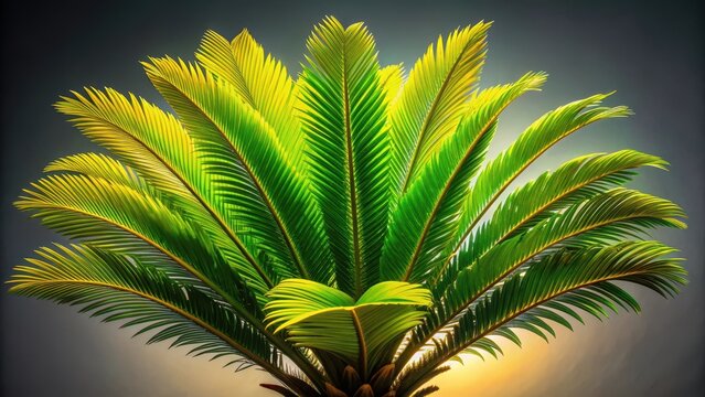 A photo of a vibrant green sago palm with golden light casting intricate patterns on its leaves in high resolution