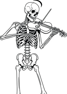 Skeleton playing violin, Halloween music icon, spooky musician silhouette, gothic art vector, death theme illustration, dark fantasy design, eerie symbol set