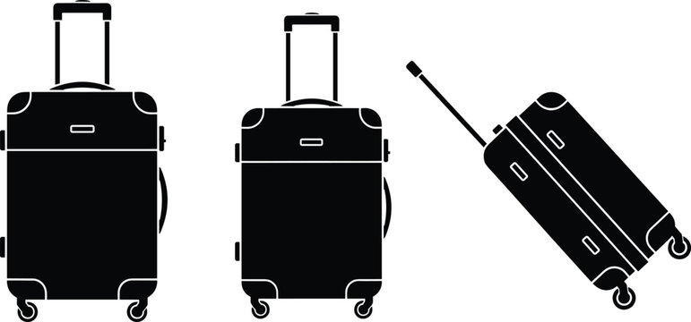 Travel luggage icons set, wheeled suitcase silhouette, front side tilted views, rolling bag design, tourism journey vacation symbol illustration