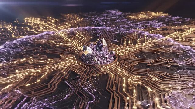 Futuristic data visualization with glowing crystal network.