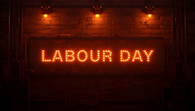 A Labour Day sign illuminated at night on a brick wall