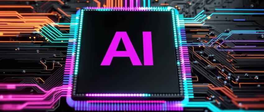 AI chip with glitch effect on digital motherboard