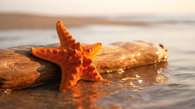 Vibrant orange starfish on driftwood at a serene beach sunset
