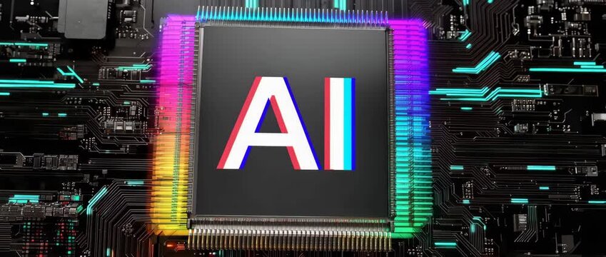 AI chip with glitch effect on digital motherboard