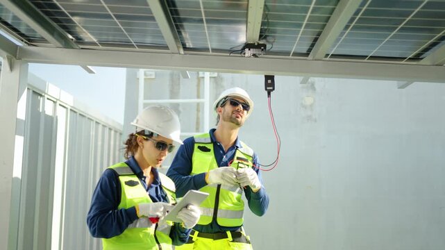 Two professional solar energy engineers in protective gear inspect photovoltaic panels on a bright rooftop. Male technician uses a multimeter while female records green energy data on a tablet.