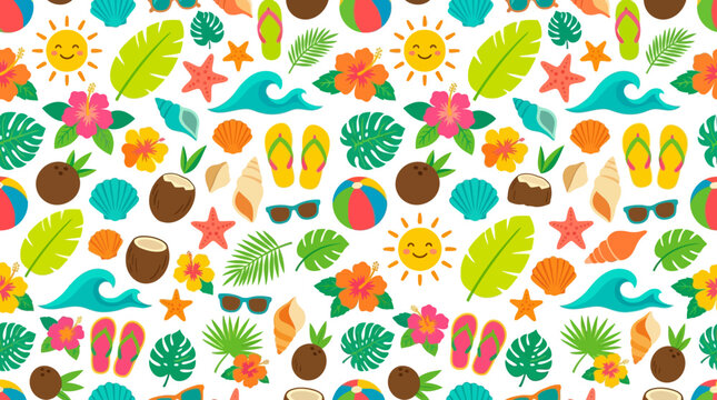 Seamless pattern of tropical summer elements, featuring beach balls, sunglasses, flip-flops, seashells, palm leaves, and flowers for a festive vacation vibe