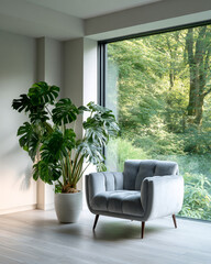 Fototapeta premium A modern living room with a large plant and comfortable chair