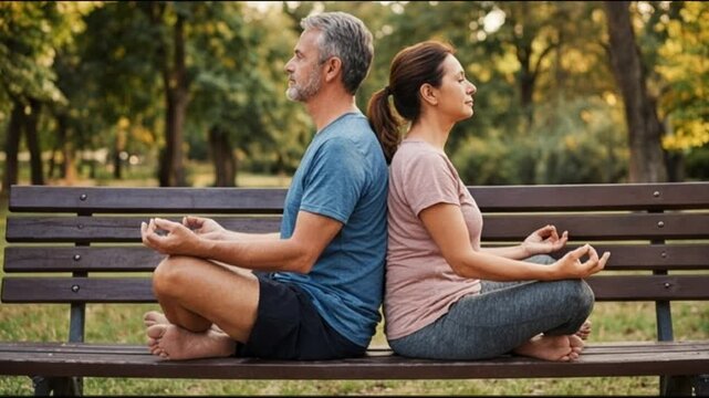 A man and a woman sit back-to-back on a park bench in meditative poses, eyes closed, hands in mudra position, surrounded by greenery, conveying peace and mindfulness. calm moment, wellness lifestyle, 