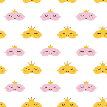 Seamless Pattern. Pink and yellow princess with crown Mask for dreaming Night mask. Vector flat iilustration.