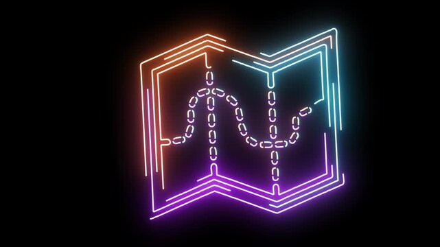Neon map glowing on black background with purple and orange light 100 characters navigation travel