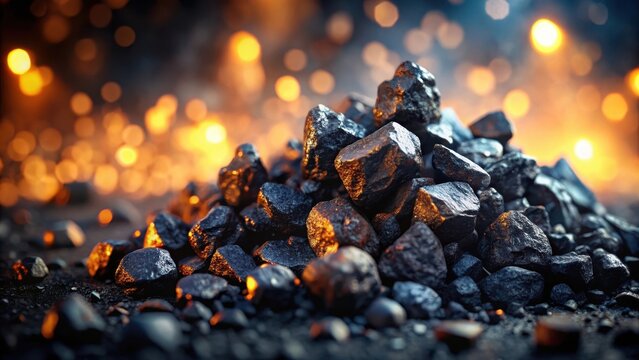 A closeup of various coal pile illustrations, black and brown coal rocks crushed, and coal pieces scattered around