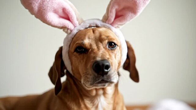 Adorable brown dog wearing funny pink bunny ears. Playful pet portrait, perfect for Easter, holidays, and cute animal themes.