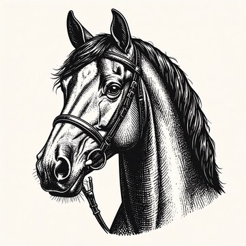 Detailed grayscale illustration of a horse's head, showing bridle and fine artistic lines