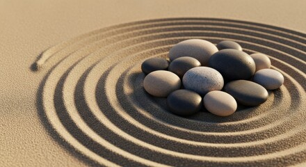 Obraz premium Peaceful Zen Garden with Balanced Smooth Stones and Raked Sand Circles, Concept of Harmony and Meditation