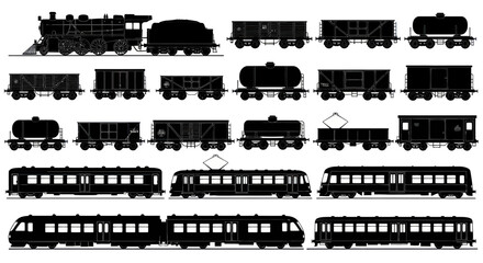 Fototapeta premium Vintage Train Collection Silhouette: Steam Locomotive, Freight Cars, Tank Cars, Trams, and Modern Trains