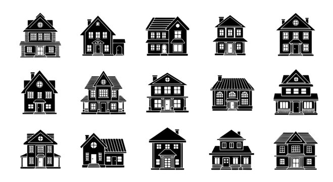 Houses line drawn set with various roof styles and window designs in black featuring house, home, homes with residential and buildings elements for